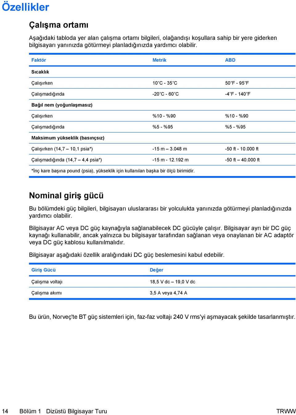 Maksimum yükseklik (basınçsız) Çalışırken (14,7 10,1 psia*) -15 m 3.048 m -50 ft - 10.000 ft Çalışmadığında (14,7 4,4 psia*) -15 m - 12.192 m -50 ft 40.