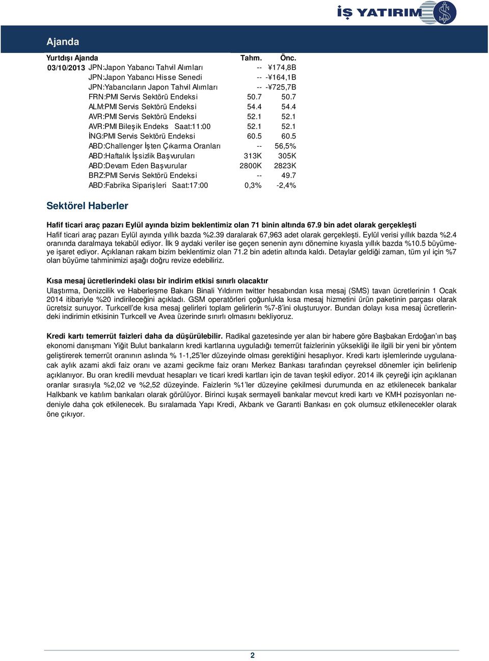 7 ALM:PMI Servis Sektörü Endeksi 54.4 54.4 AVR:PMI Servis Sektörü Endeksi 52.1 52.1 AVR:PMI Bileşik Endeks Saat:11:00 52.1 52.1 İNG:PMI Servis Sektörü Endeksi 60.5 60.