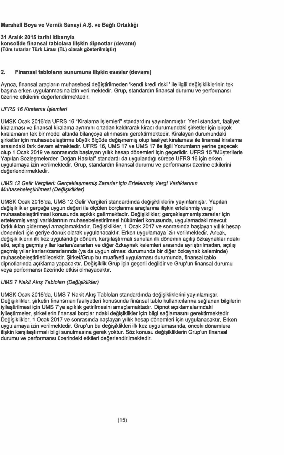 verilmektedir. Grup, standardın finansal durumu ve performansı üzerine etkilerini değerlendirmektedir.