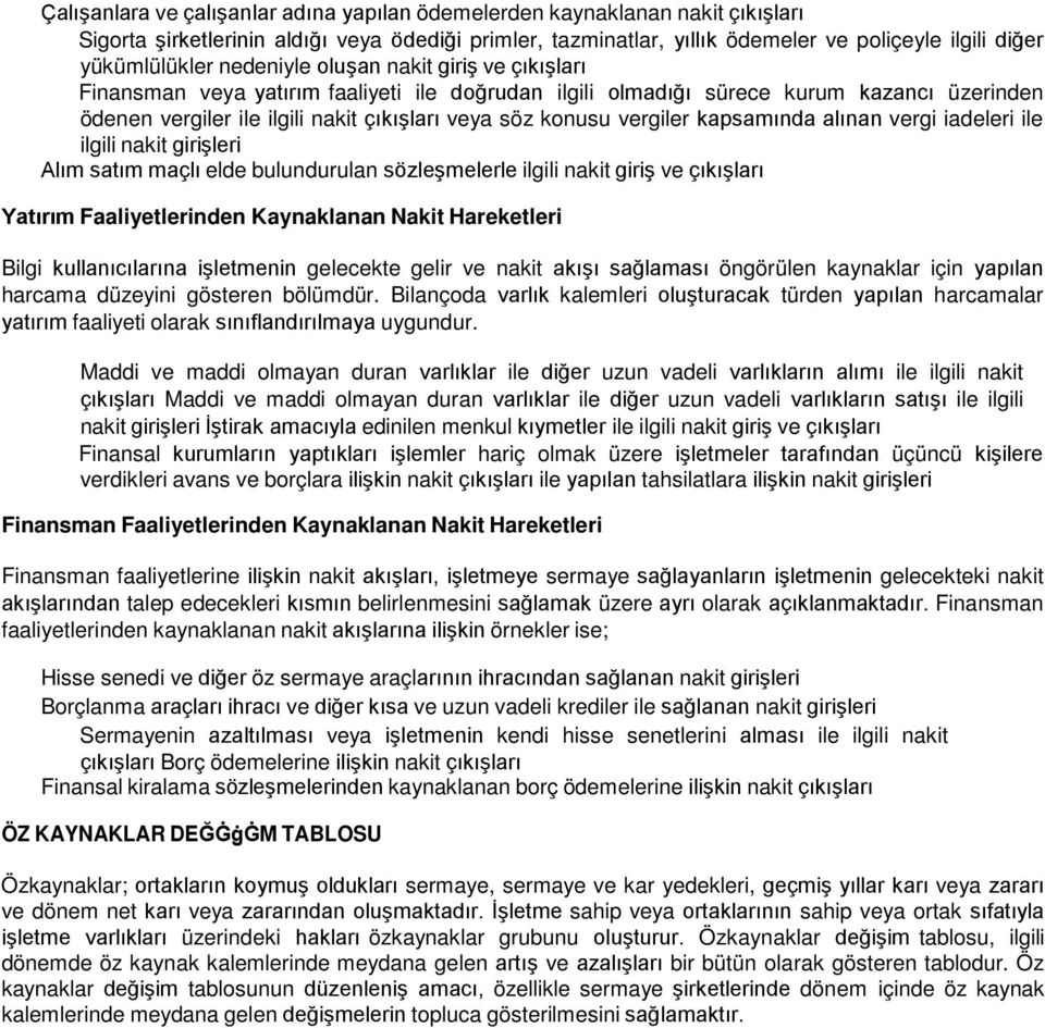 vergiler kapsamında alınan vergi iadeleri ile ilgili nakit girişleri Alım satım maçlı elde bulundurulan sözleşmelerle ilgili nakit giriş ve çıkışları Yatırım Faaliyetlerinden Kaynaklanan Nakit