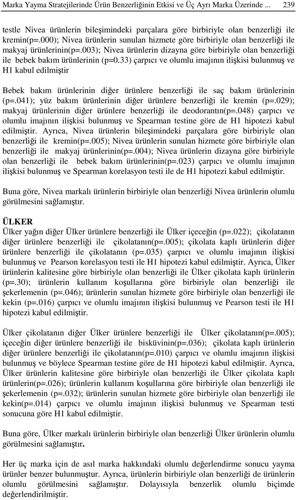 33) çarpıcı ve olumlu imajının ilikisi bulunmu ve H1 kabul edilmitir Bebek bakım ürünlerinin dier ürünlere benzerlii ile saç bakım ürünlerinin (p=.