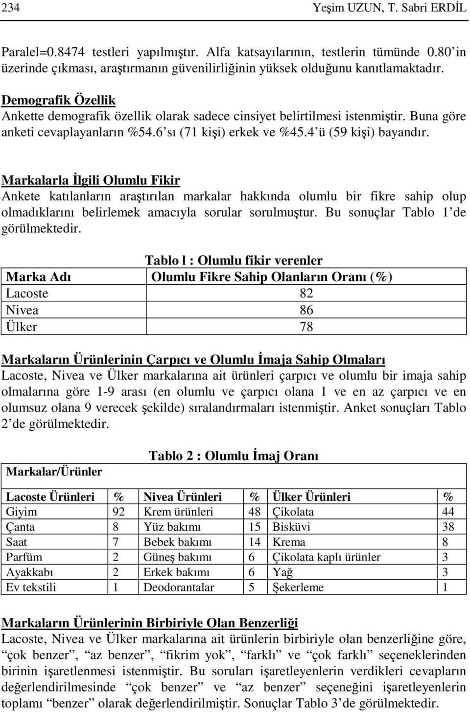 Markalarla lgili Olumlu Fikir Ankete katılanların aratırılan markalar hakkında olumlu bir fikre sahip olup olmadıklarını belirlemek amacıyla sorular sorulmutur. Bu sonuçlar Tablo 1 de görülmektedir.