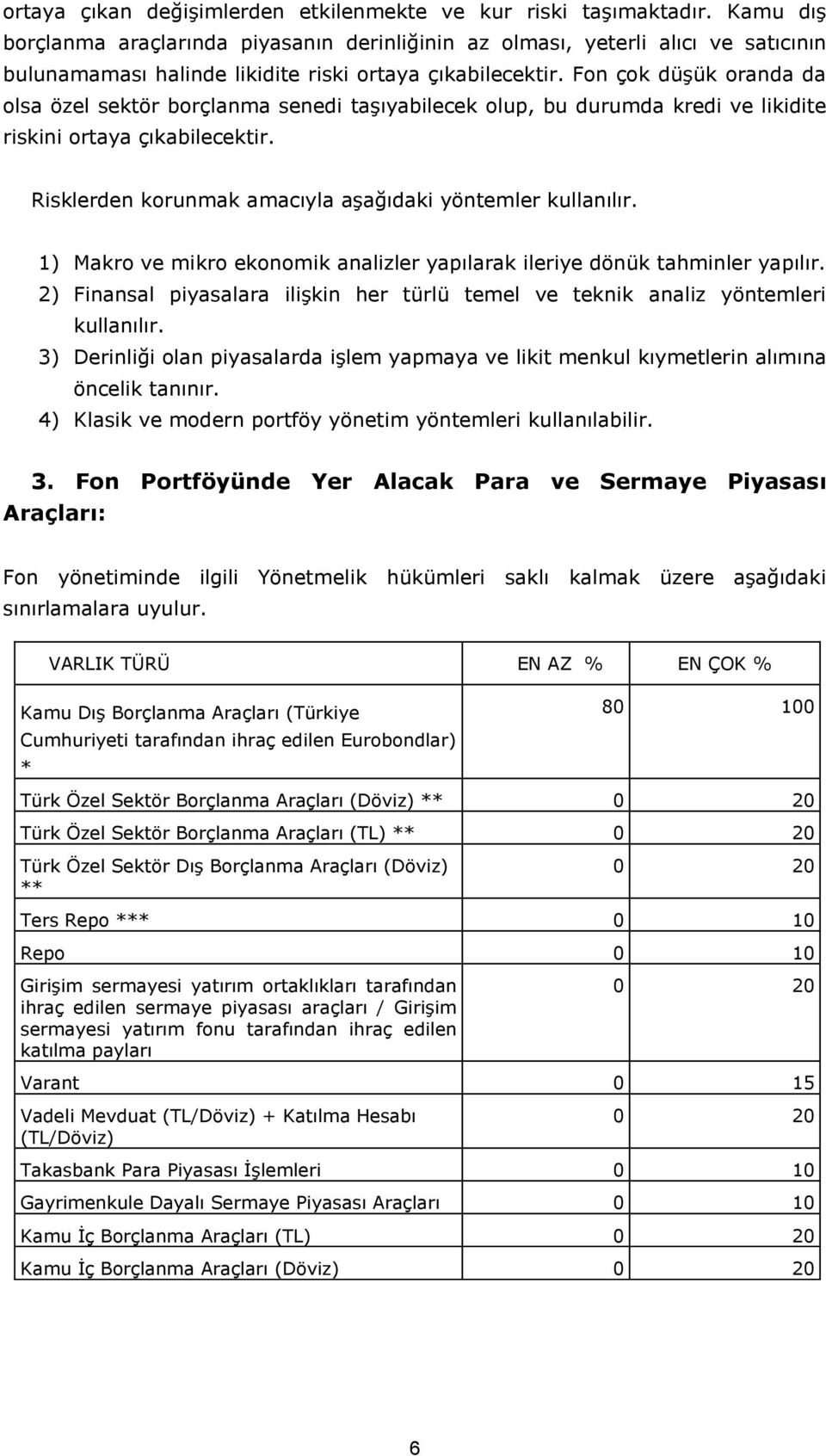 Fon çok düşük oranda da olsa özel sektör borçlanma senedi taşıyabilecek olup, bu durumda kredi ve likidite riskini ortaya çıkabilecektir. Risklerden korunmak amacıyla aşağıdaki yöntemler kullanılır.