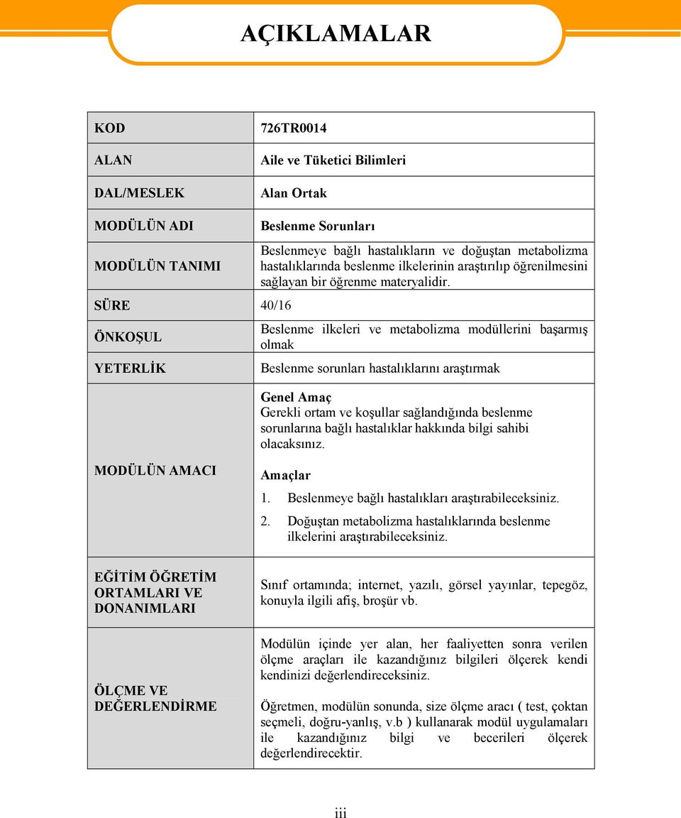 Beslenme ilkeleri ve metabolizma modüllerini başarmış olmak Beslenme sorunları hastalıklarını araştırmak Genel Amaç Gerekli ortam ve koşullar sağlandığında beslenme sorunlarına bağlı hastalıklar