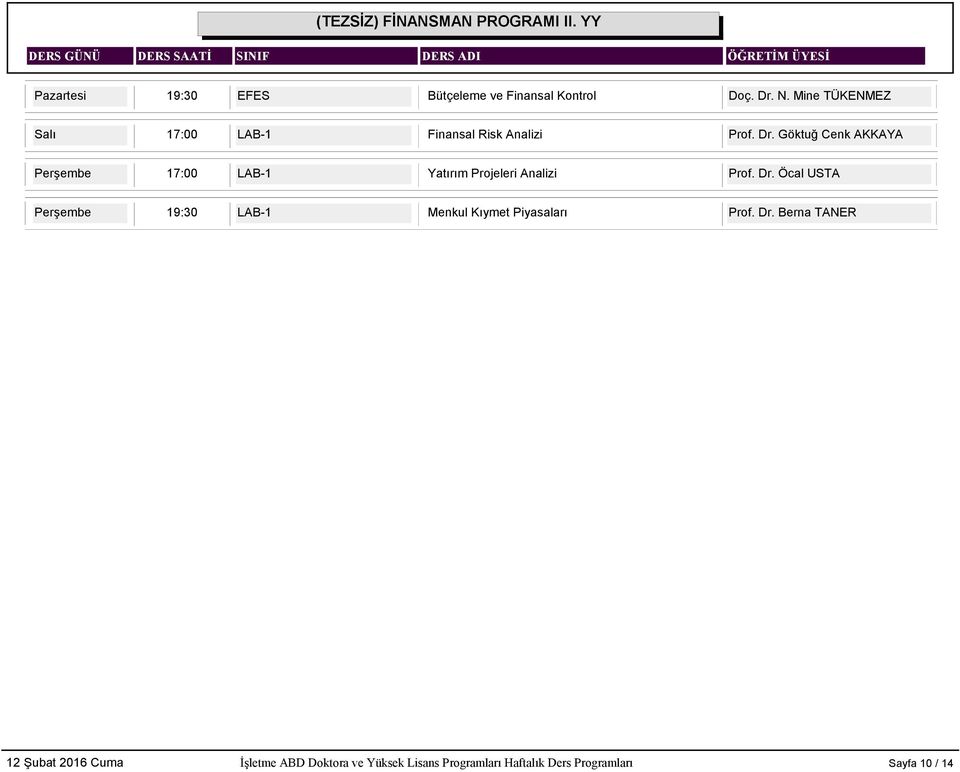 Mine TÜKENMEZ Salı 17:00 LAB-1 Finansal Risk Analizi Prof. Dr.