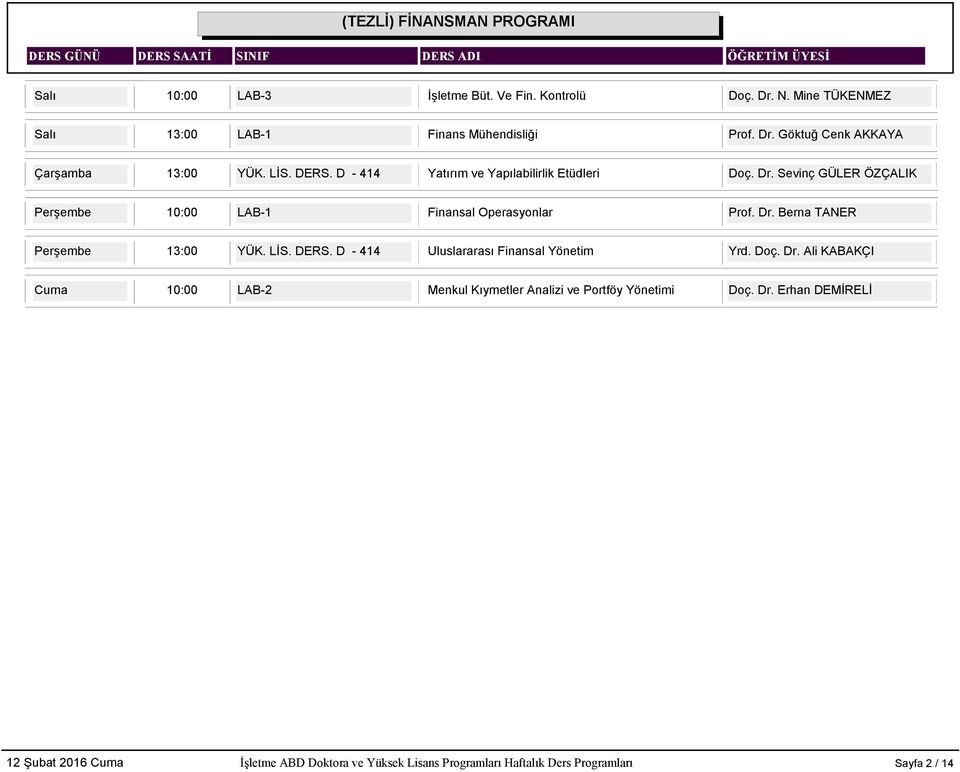 D - 414 Yatırım ve Yapılabilirlik Etüdleri Doç. Dr. Sevinç GÜLER ÖZÇALIK Perşembe 10:00 LAB-1 Finansal Operasyonlar Prof. Dr. Berna TANER Perşembe 13:00 YÜK.