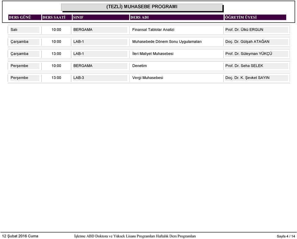 Gülşah ATAĞAN Çarşamba 13:00 LAB-1 İleri Maliyet Muhasebesi Prof. Dr.