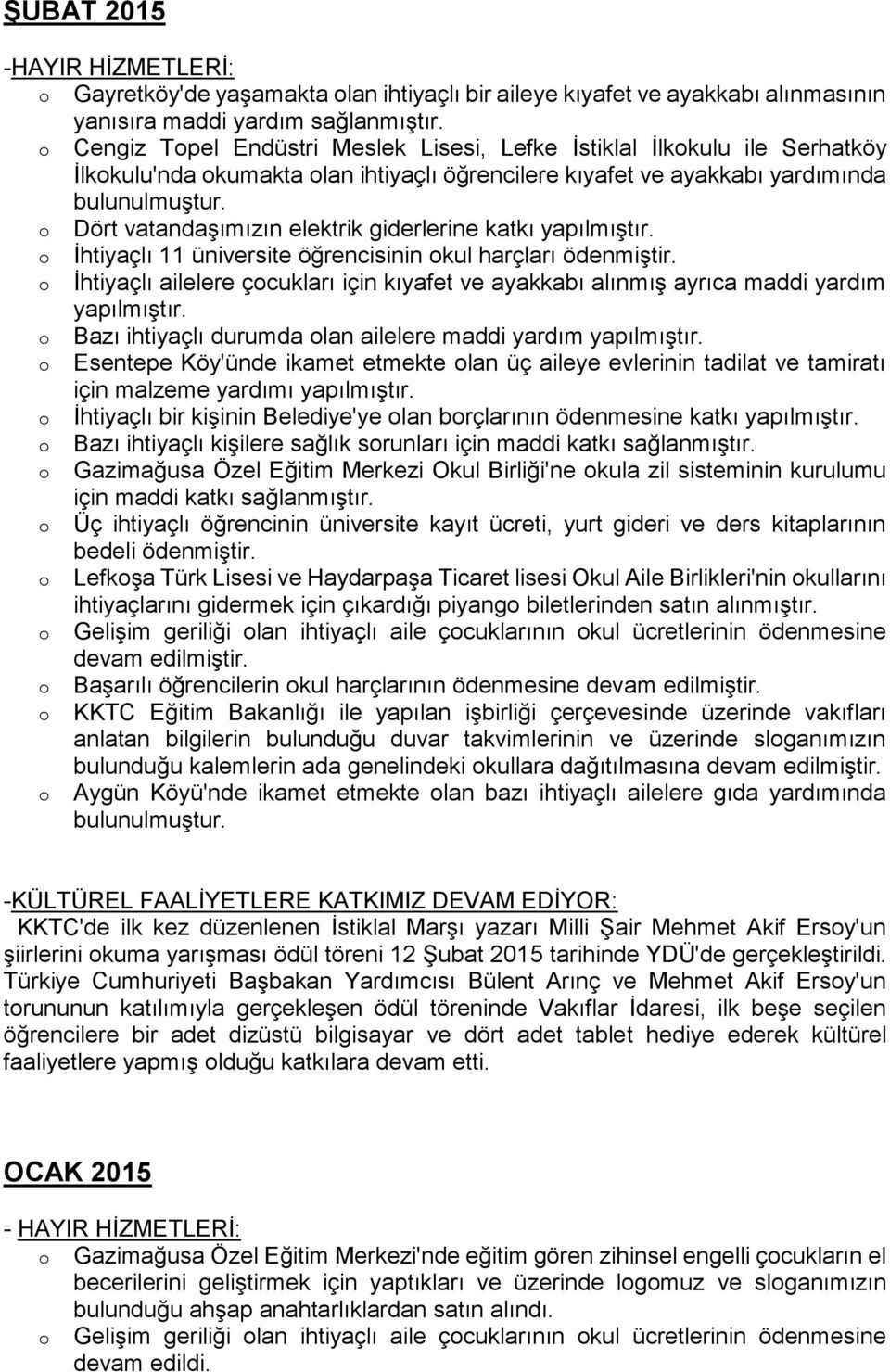 Dört vatandaşımızın elektrik giderlerine katkı yapılmıştır. İhtiyaçlı 11 üniversite öğrencisinin kul harçları ödenmiştir.