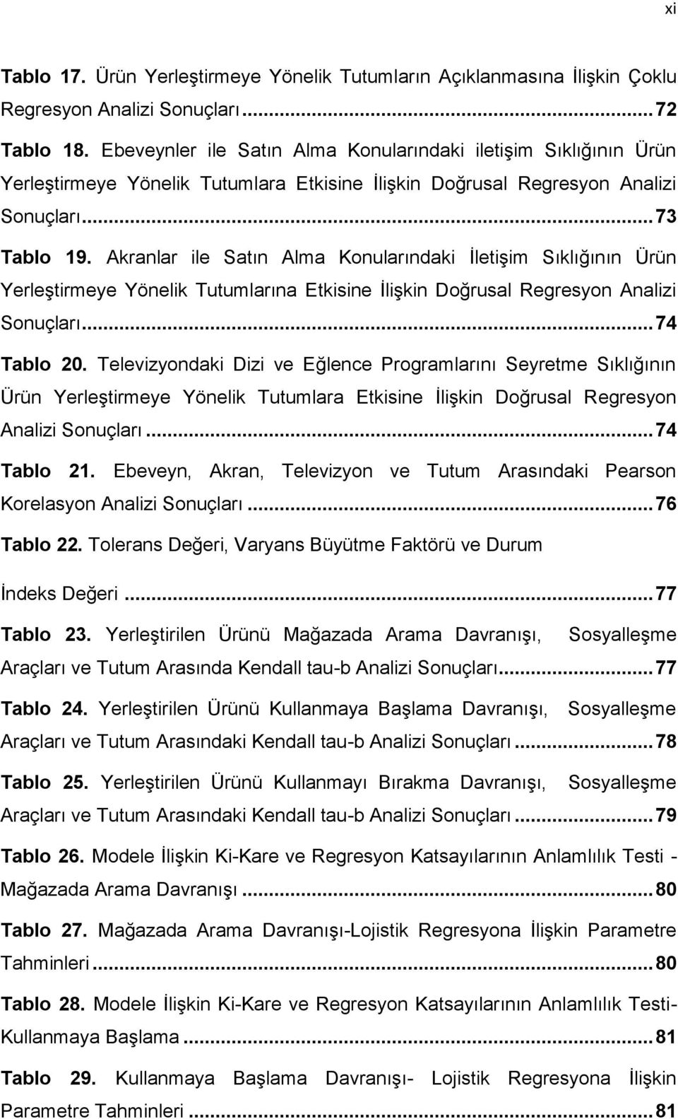 Akranlar ile Satın Alma Konularındaki İletişim Sıklığının Ürün Yerleştirmeye Yönelik Tutumlarına Etkisine İlişkin Doğrusal Regresyon Analizi Sonuçları... 74 Tablo 20.