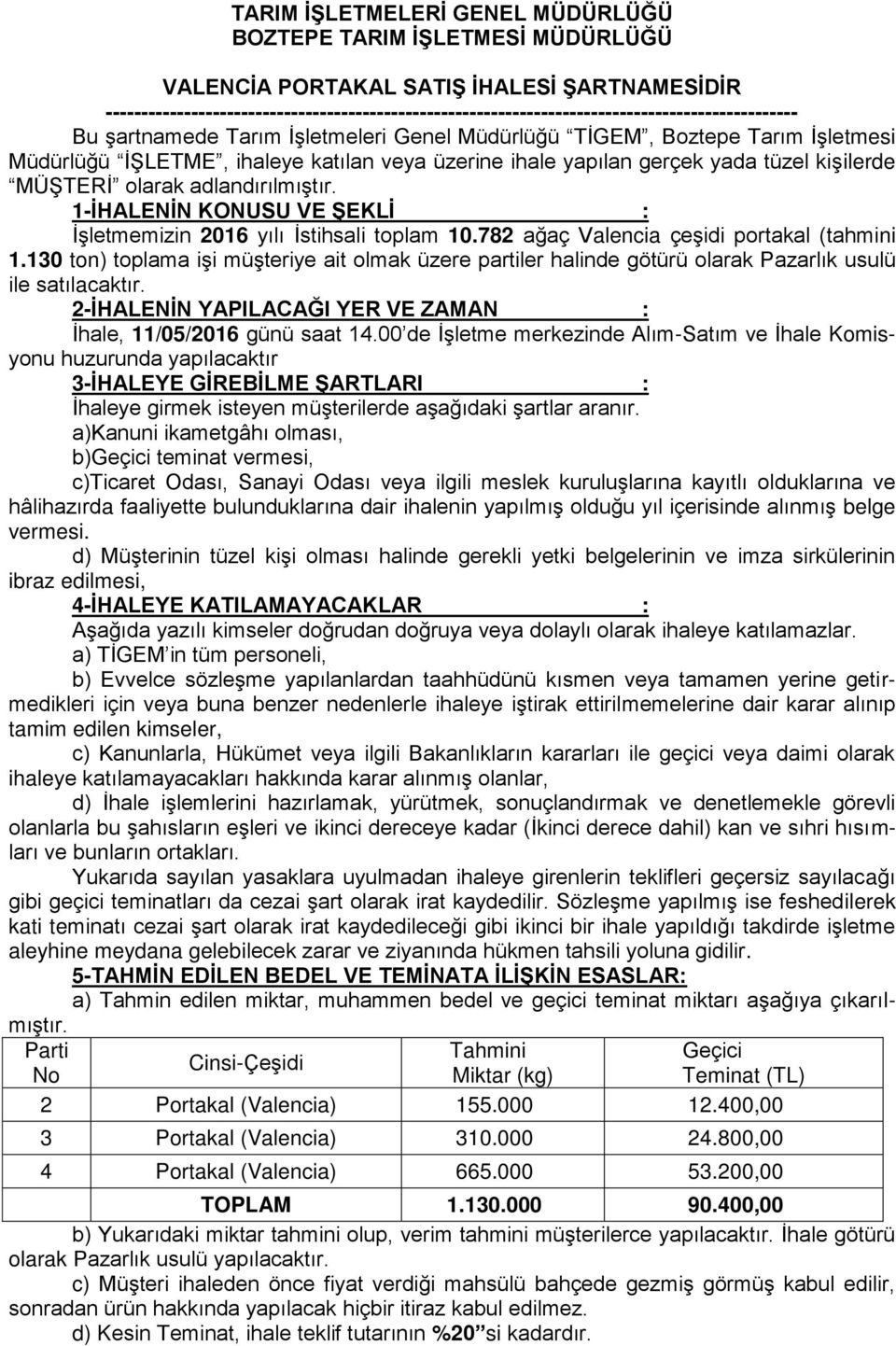 1-İHALENİN KONUSU VE ŞEKLİ : İşletmemizin 2016 yılı İstihsali toplam 10.782 ağaç Valencia çeşidi portakal (tahmini 1.