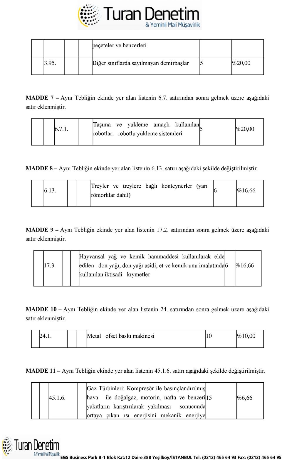 satırı aşağıdaki şekilde değiştirilmiştir. 6.13. Treyler ve treylere bağlı konteynerler (yarı römorklar dahil) 6 %16,66 MADDE 9 Aynı Tebliğin ekinde yer alan listenin 17.2.