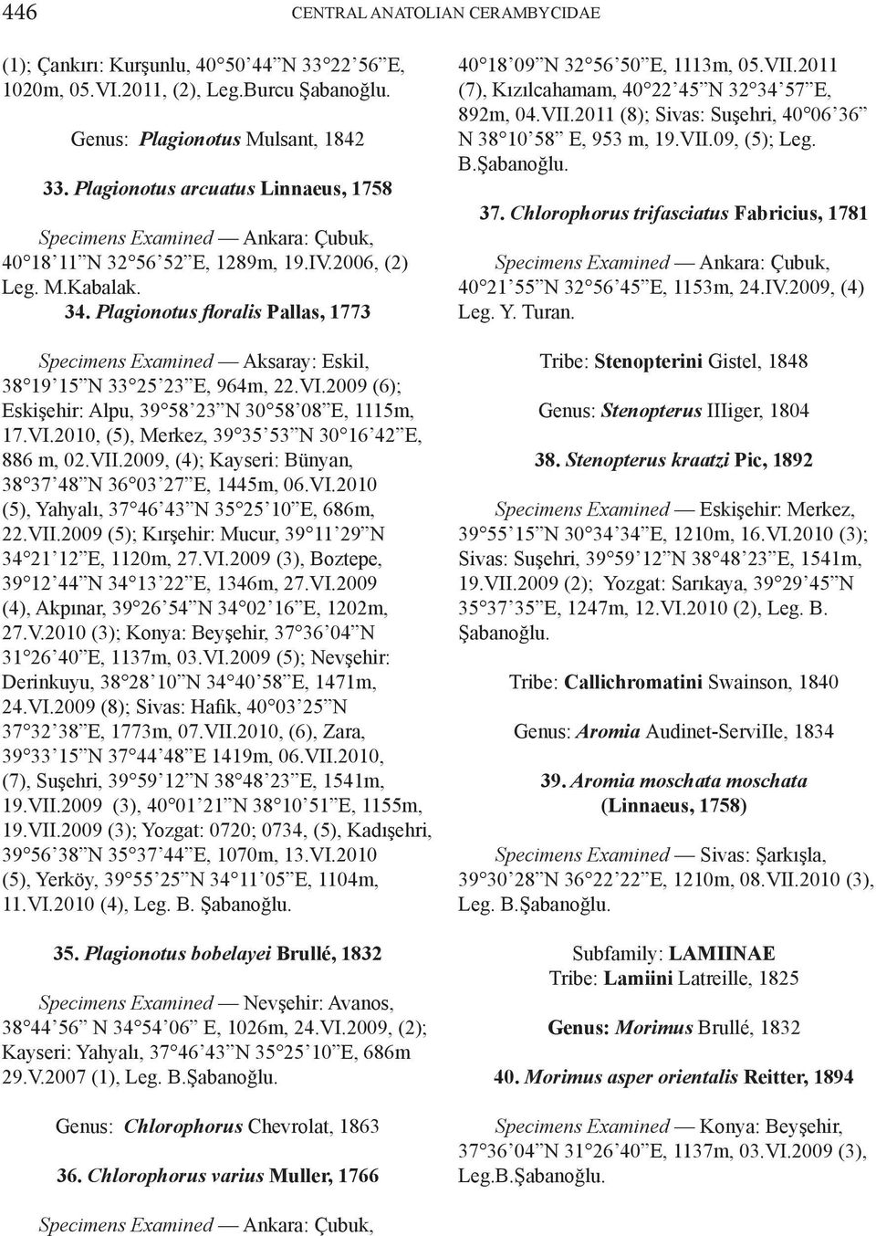 Plagionotus floralis Pallas, 1773 Specimens Examined Aksaray: Eskil, 38 19 15 N 33 25 23 E, 964m, 22.VI.2009 (6); Eskişehir: Alpu, 39 58 23 N 30 58 08 E, 1115m, 17.VI.2010, (5), Merkez, 39 35 53 N 30 16 42 E, 886 m, 02.