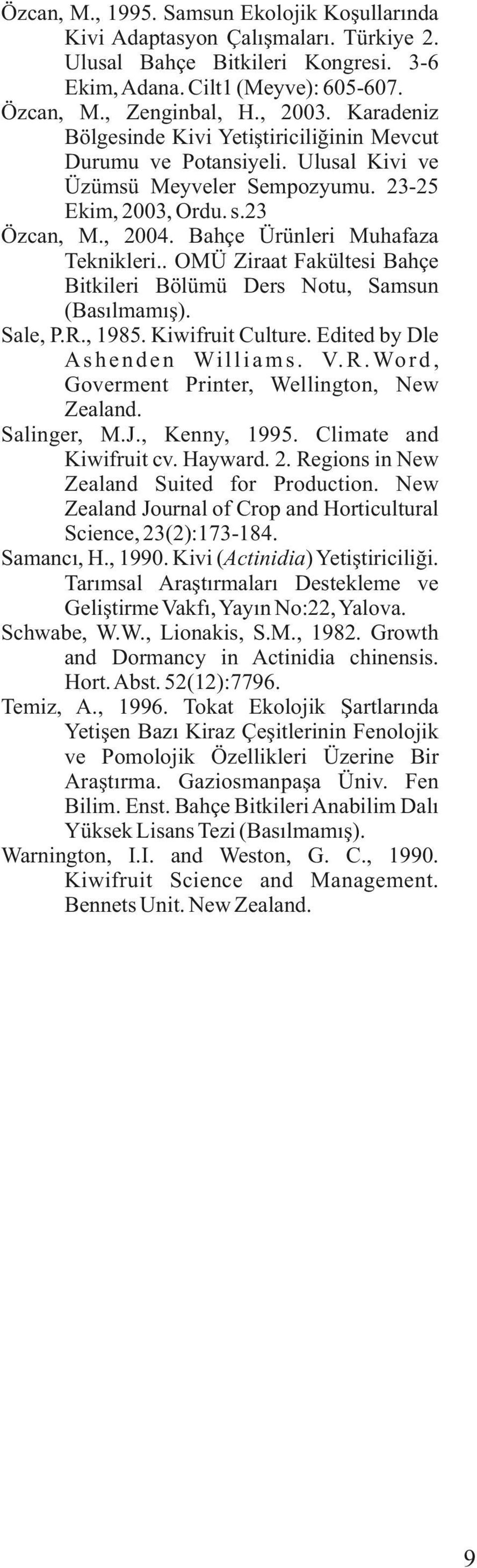 . OMÜ Ziraat Fakültesi Bahçe Bitkileri Bölümü Ders Notu, Samsun (Basılmamış). Sale, P.R., 1985. Kiwifruit Culture. Edited by Dle A s h e n d e n Wi l l i a m s. V. R.