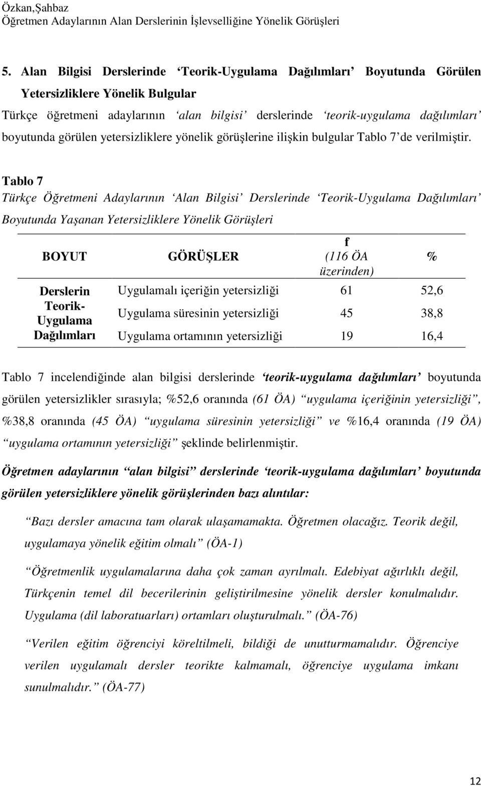 görülen yetersizliklere yönelik görüşlerine ilişkin bulgular Tablo 7 de verilmiştir.