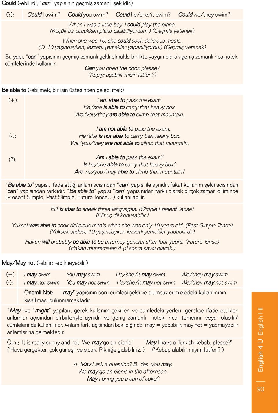 ) (Geçmiş yetenek) Bu yapı, can yapısının geçmiş zamanlı şekli olmakla birlikte yaygın olarak geniş zamanlı rica, istek cümlelerinde kullanılır. Can you open the door, please?