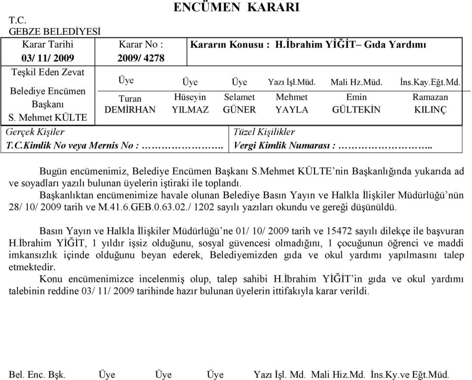 Ġbrahim YĠĞĠT, 1 yıldır iģsiz olduğunu, sosyal güvencesi olmadığını, 1 çocuğunun öğrenci ve maddi imkansızlık içinde olduğunu beyan ederek, Belediyemizden gıda ve okul