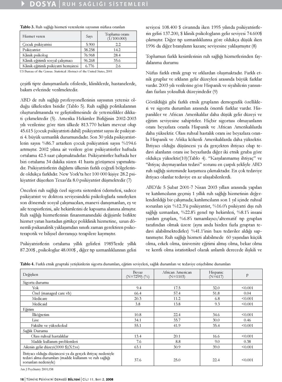 Statistical Abstract of the United States, 2001 çeşitli tipte danışmanlarla ofislerde, kliniklerde, hastanelerde, bakım evlerinde verilmektedir.