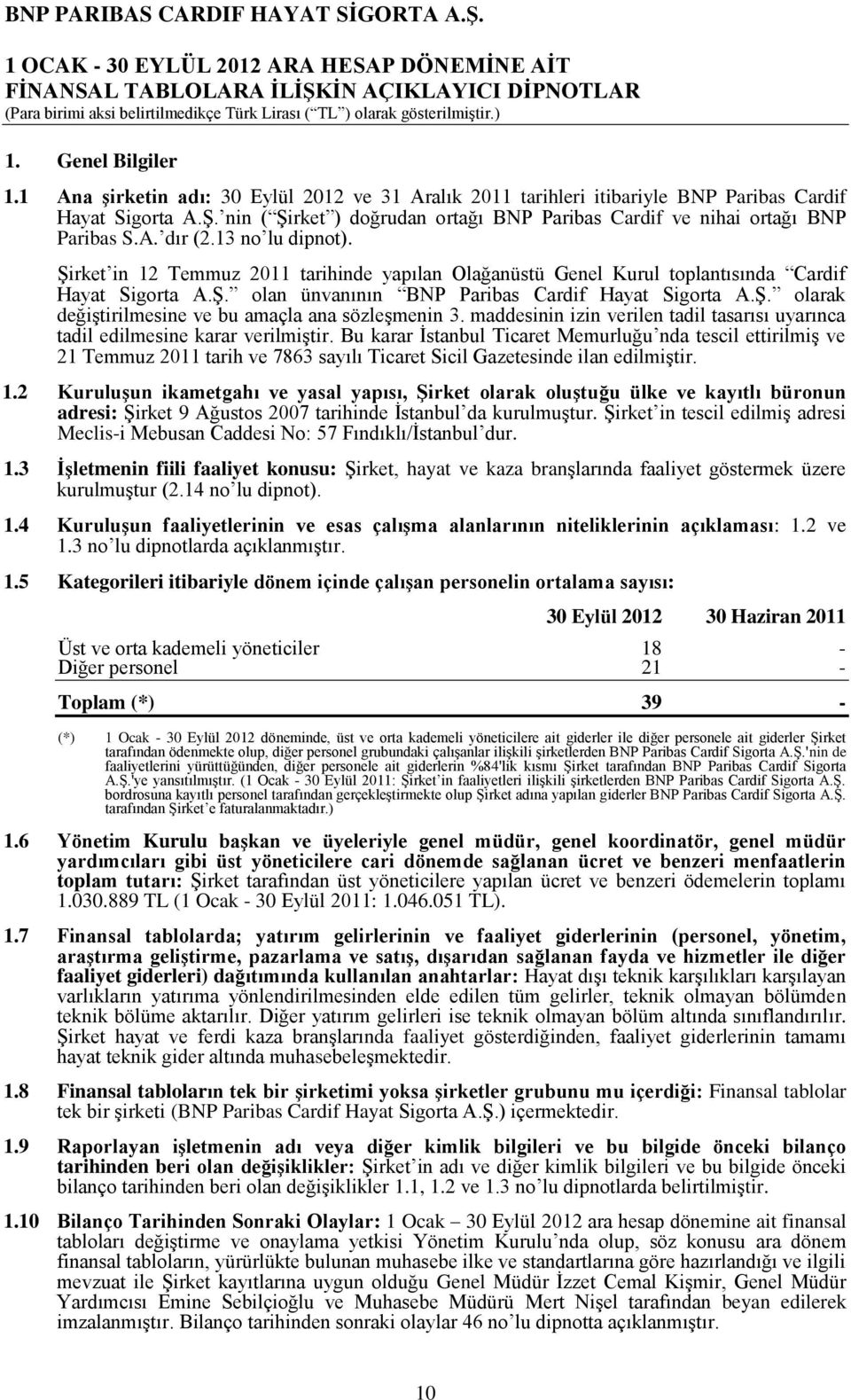 Şirket in 12 Temmuz 2011 tarihinde yapılan Olağanüstü Genel Kurul toplantısında Cardif Hayat Sigorta A.Ş. olan ünvanının BNP Paribas Cardif Hayat Sigorta A.Ş. olarak değiştirilmesine ve bu amaçla ana sözleşmenin 3.