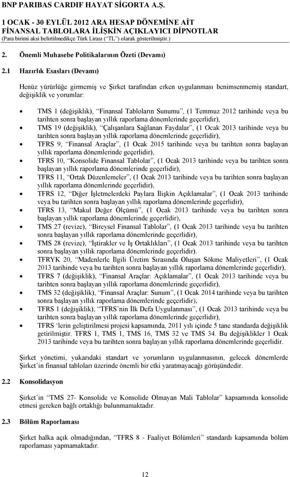 2012 tarihinde veya bu tarihten sonra başlayan yıllık raporlama dönemlerinde geçerlidir), TMS 19 (değişiklik), Çalışanlara Sağlanan Faydalar, (1 Ocak 2013 tarihinde veya bu tarihten sonra başlayan