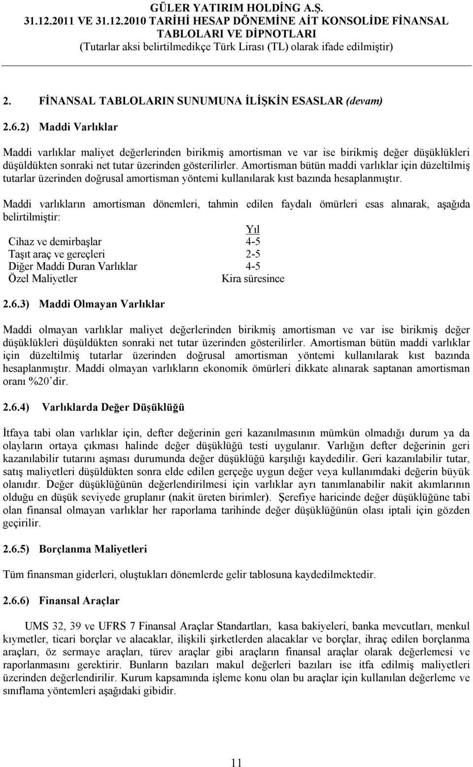 Amortisman bütün maddi varlıklar için düzeltilmiş tutarlar üzerinden doğrusal amortisman yöntemi kullanılarak kıst bazında hesaplanmıştır.