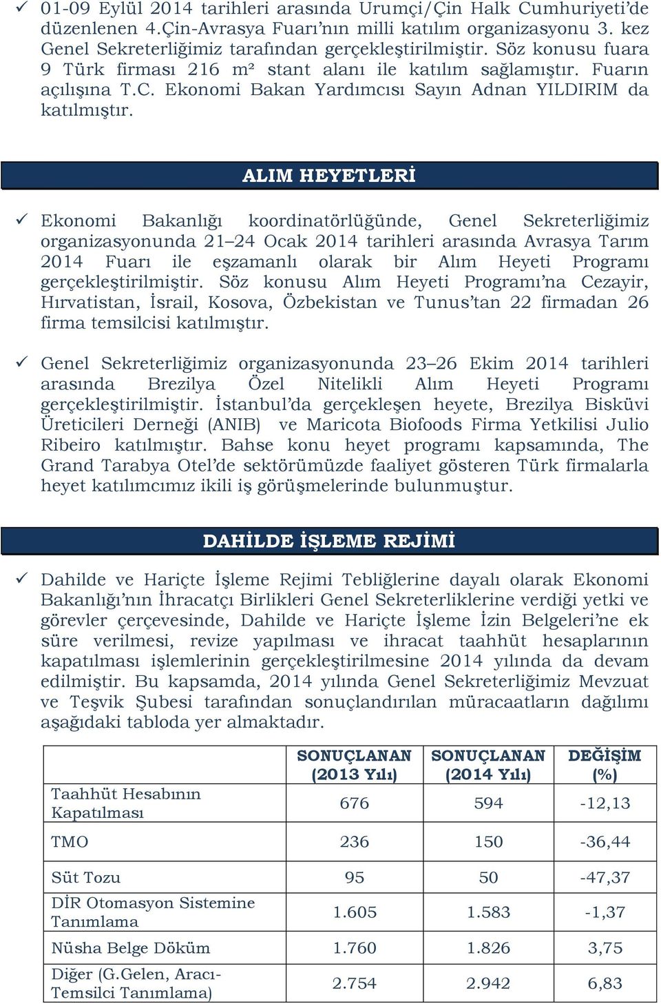 ALIM HEYETLERİ Ekonomi Bakanlığı koordinatörlüğünde, Genel Sekreterliğimiz organizasyonunda 21 24 Ocak 2014 tarihleri arasında Avrasya Tarım 2014 Fuarı ile eşzamanlı olarak bir Alım Heyeti Programı