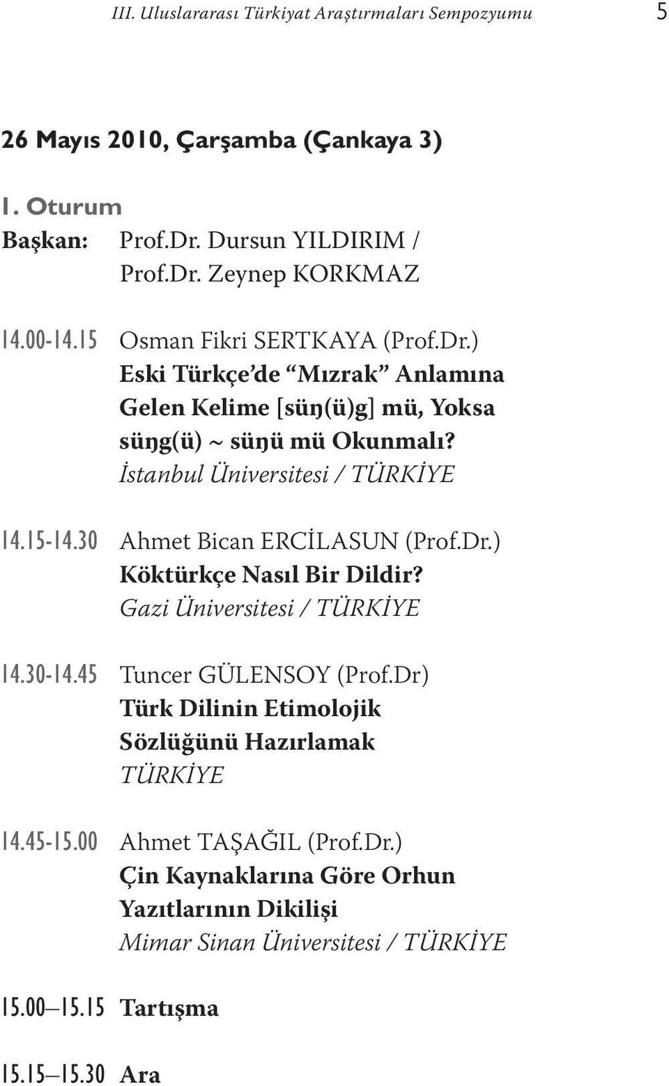 30 Ahmet Bican ERCİLASUN (Prof.Dr.) Köktürkçe Nasıl Bir Dildir? Gazi Üniversitesi / TÜRKİYE 14.30-14.45 Tuncer GÜLENSOY (Prof.