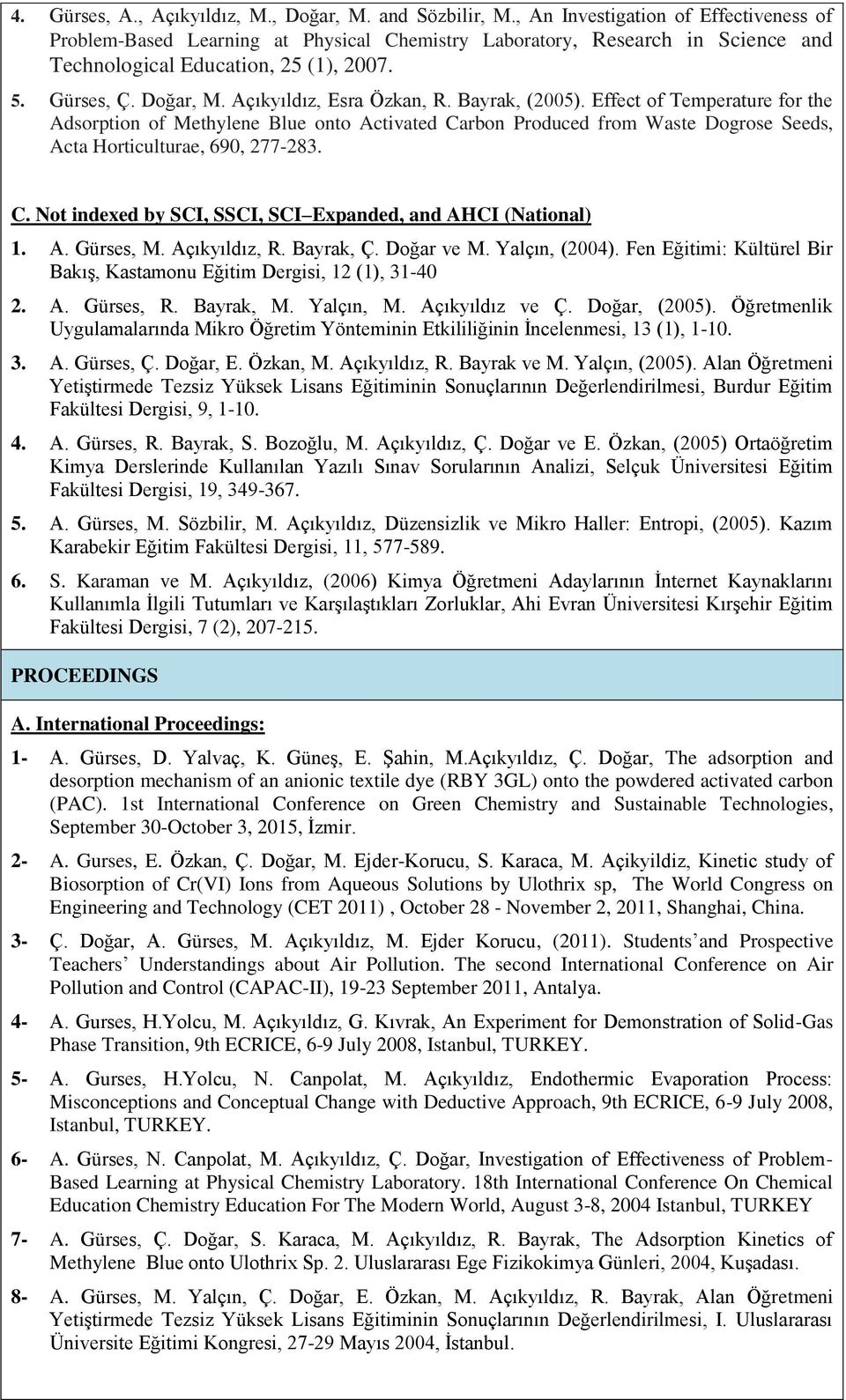 Açıkyıldız, Esra Özkan, R. Bayrak, (2005). Effect of Temperature for the Adsorption of Methylene Blue onto Activated Carbon Produced from Waste Dogrose Seeds, Acta Horticulturae, 690, 277-283. C. Not indexed by SCI, SSCI, SCI Expanded, and AHCI (National) 1.