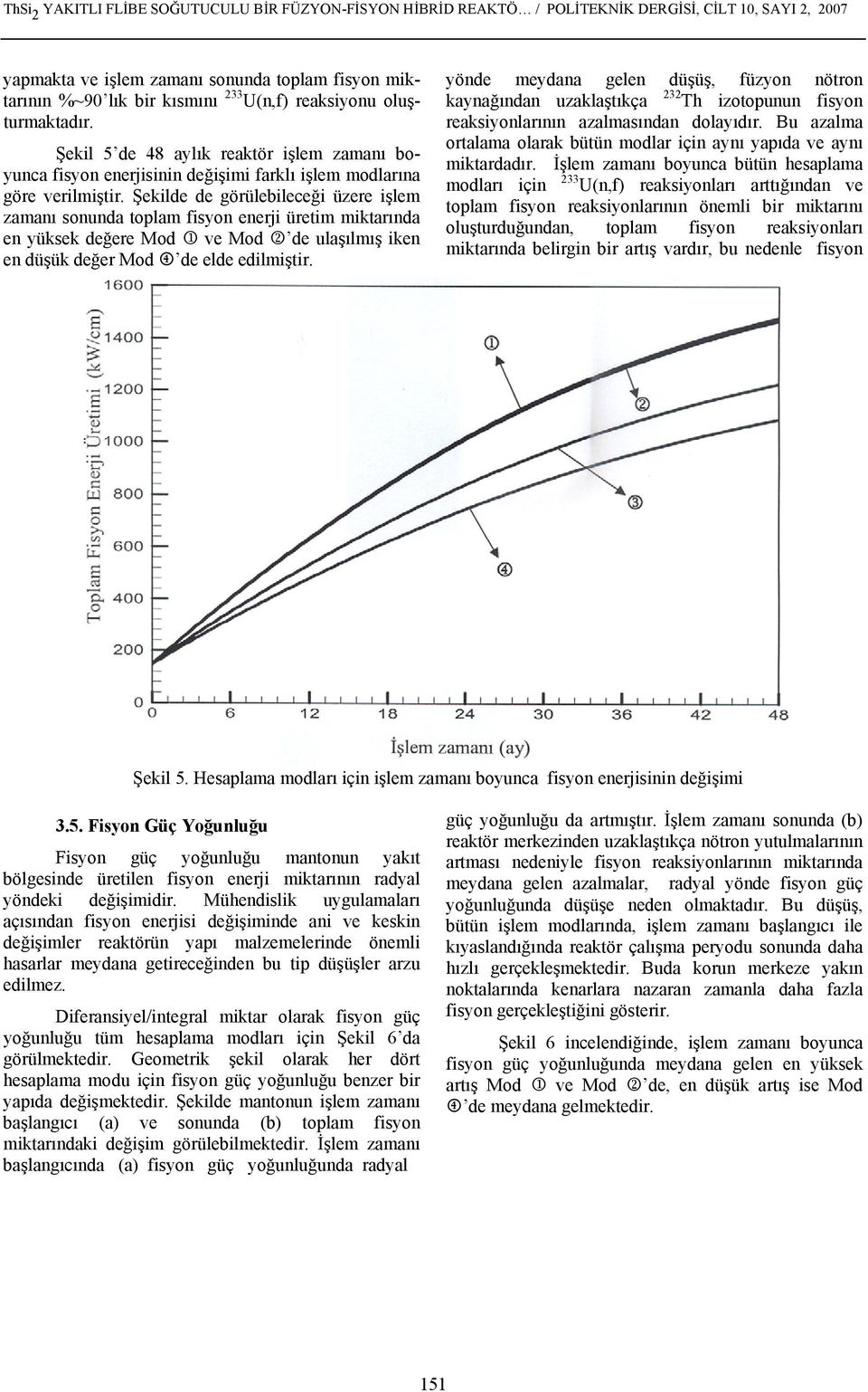 Şekilde de görülebileceği üzere işlem zamanı sonunda toplam fisyon enerji üretim miktarında en yüksek değere Mod 1 ve Mod 2 de ulaşılmış iken en düşük değer Mod 4 de elde edilmiştir.