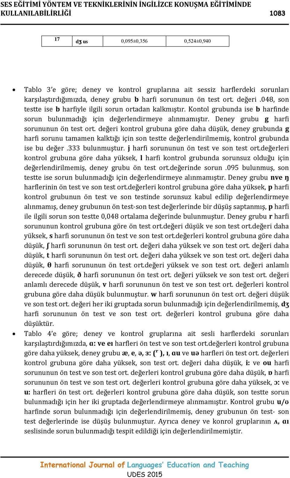 Kontol grubunda ise b harfinde sorun bulunmadığı için değerlendirmeye alınmamıştır. Deney grubu g harfi sorununun ön test ort.