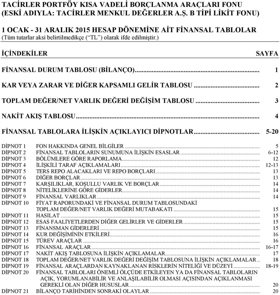 .. 6-12 DİPNOT 3 BÖLÜMLERE GÖRE RAPORLAMA... 12 DİPNOT 4 İLİŞKİLİ TARAF AÇIKLAMALARI... 12-13 DİPNOT 5 TERS REPO ALACAKLARI VE REPO BORÇLARI... 13 DİPNOT 6 DİĞER BORÇLAR.