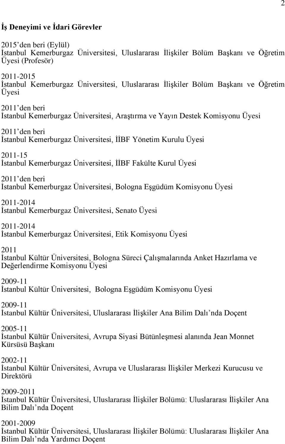 Yönetim Kurulu Üyesi 2011-15 İstanbul Kemerburgaz Üniversitesi, İİBF Fakülte Kurul Üyesi 2011 den beri İstanbul Kemerburgaz Üniversitesi, Bologna Eşgüdüm Komisyonu Üyesi 2011-2014 İstanbul