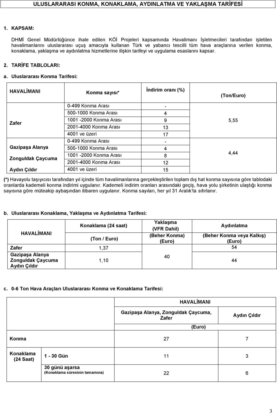 hava araçlarına verilen konma, konaklama, yaklaşma ve aydınlatma hizmetlerine ilişkin tarifeyi ve uygulama esaslarını kapsar. 2. TARİFE TABLOLARI: a.