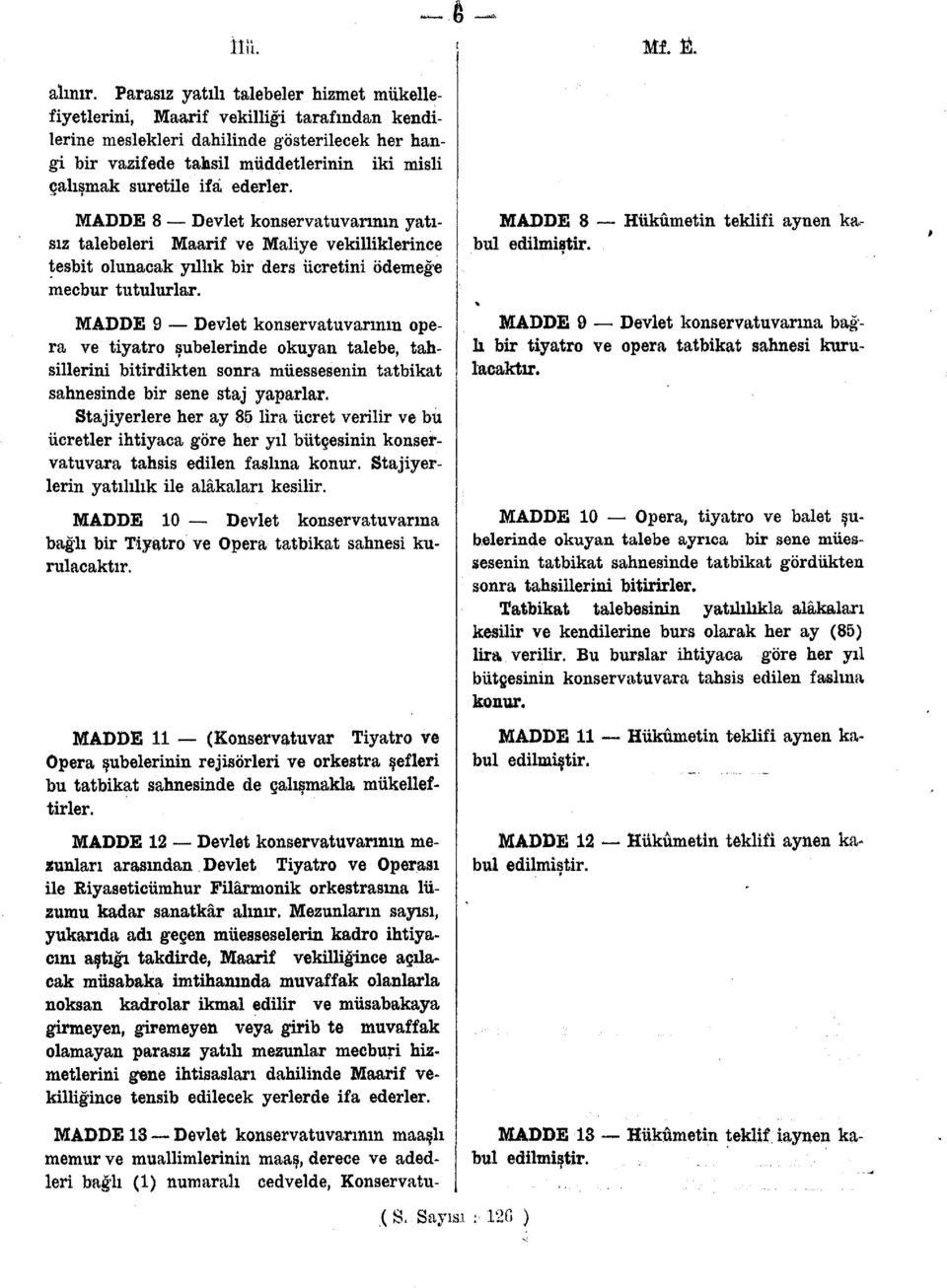 ifâ ederler. MADDE 8 Devlet konservatuvarınm yatısız talebeleri Maarif ve Maliye vekilliklerince tesbit olunacak yıllık bir ders ücretini ödemeğe mecbur tutulurlar.