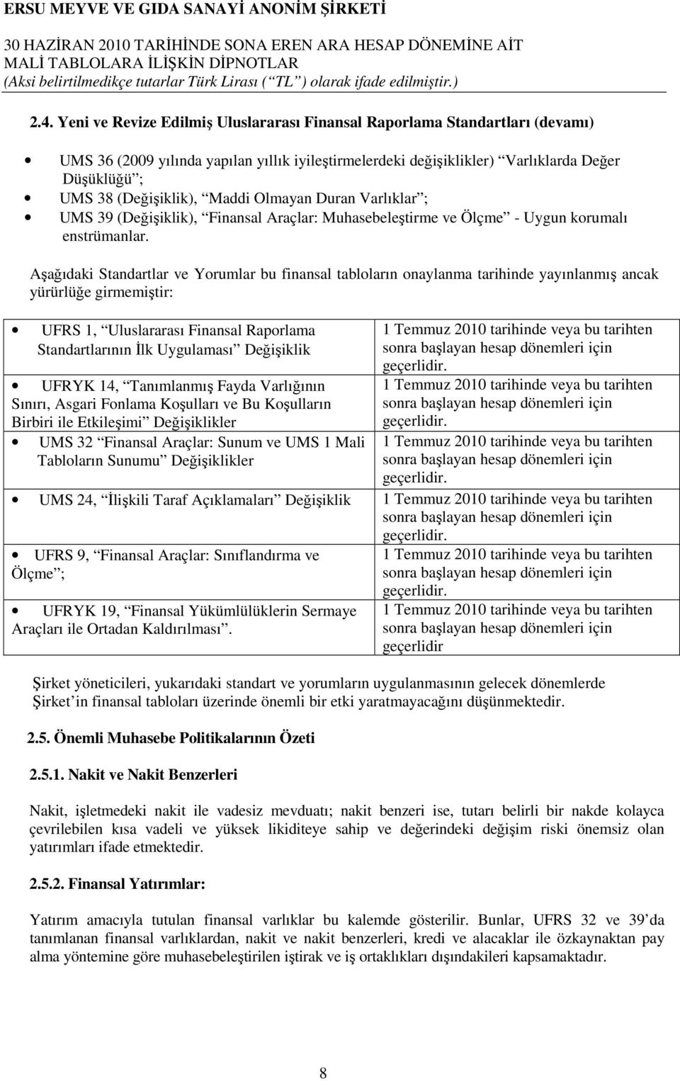 Aşağıdaki Standartlar ve Yorumlar bu finansal tabloların onaylanma tarihinde yayınlanmış ancak yürürlüğe girmemiştir: UFRS 1, Uluslararası Finansal Raporlama Standartlarının Đlk Uygulaması Değişiklik