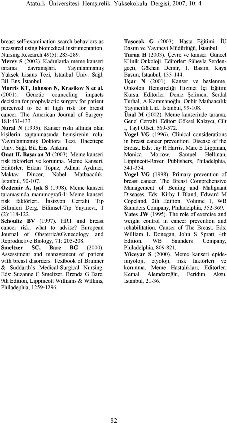 Genetic counceling impacts decision for prophylactic surgery for patient perceived to be at high risk for breast cancer. The American Journal of Surgery 181:431-433. Nural N (1995).