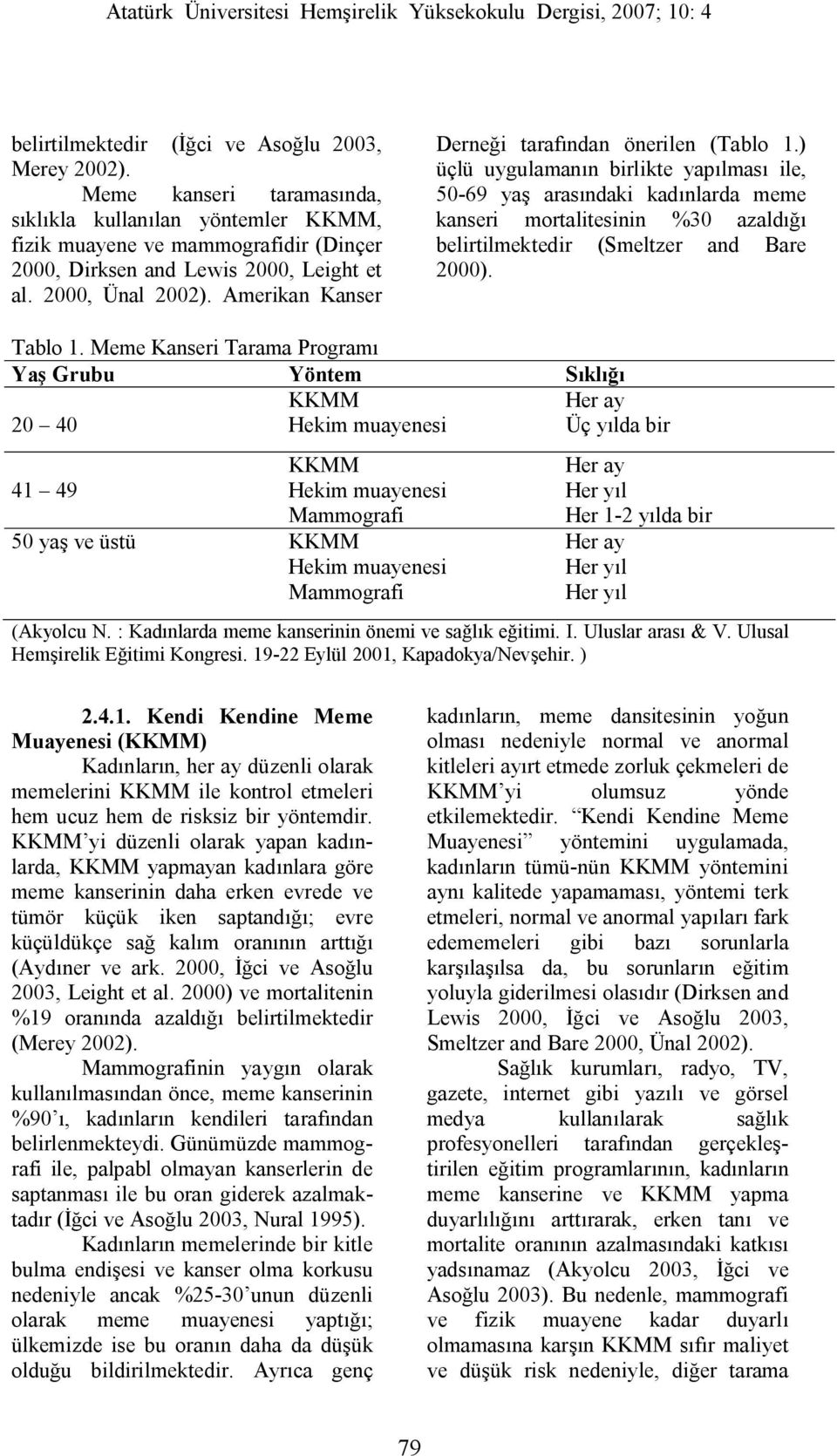 ) üçlü uygulamanın birlikte yapılması ile, 50-69 yaş arasındaki kadınlarda meme kanseri mortalitesinin %30 azaldığı belirtilmektedir (Smeltzer and Bare 2000). Tablo 1.