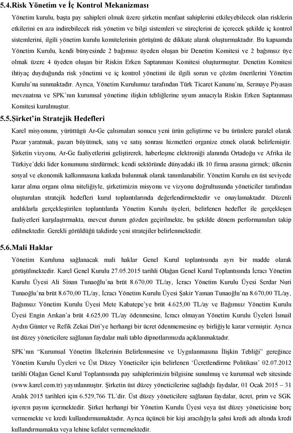 Bu kapsamda Yönetim Kurulu, kendi bünyesinde 2 bağımsız üyeden oluşan bir Denetim Komitesi ve 2 bağımsız üye olmak üzere 4 üyeden oluşan bir Riskin Erken Saptanması Komitesi oluşturmuştur.