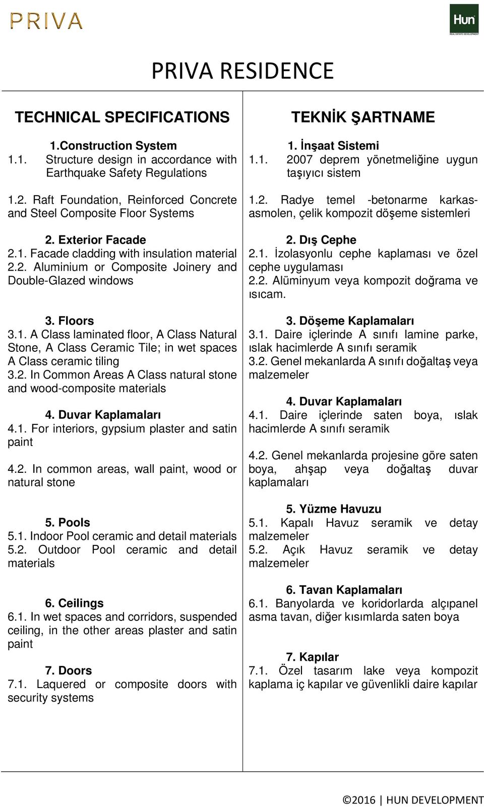 Floors 3.1. A Class laminated floor, A Class Natural Stone, A Class Ceramic Tile; in wet spaces A Class ceramic tiling 3.2. In Common Areas A Class natural stone and wood-composite materials 4.