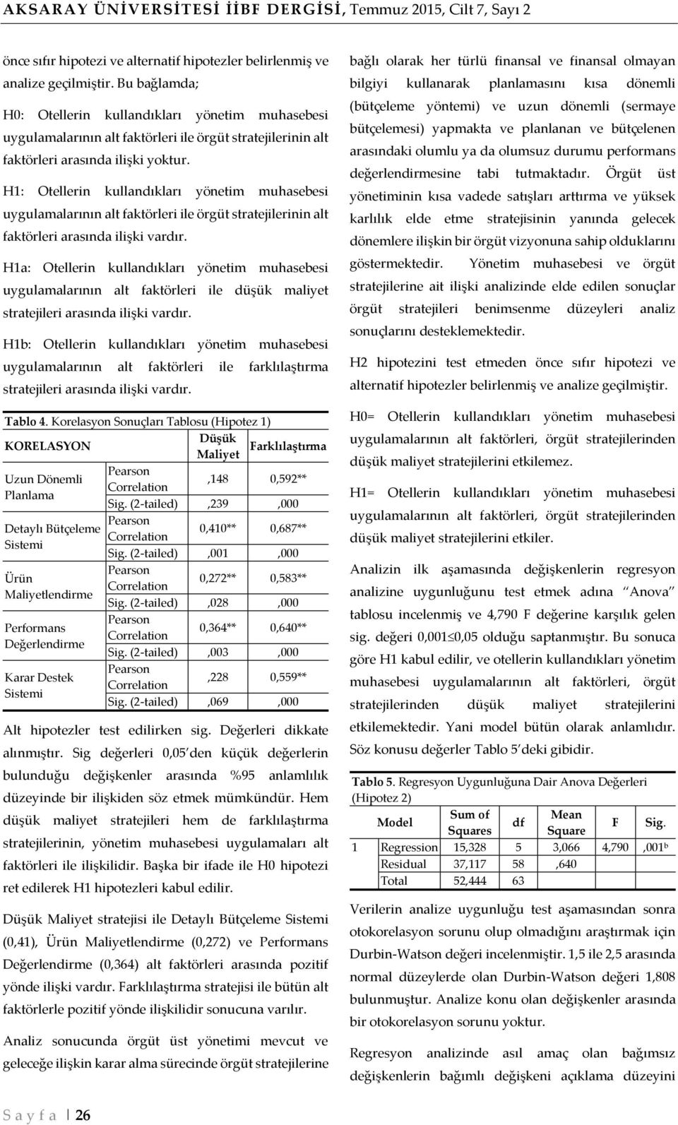 H1: Otellerin kullandıkları yönetim muhasebesi uygulamalarının alt faktörleri ile örgüt stratejilerinin alt faktörleri arasında ilişki vardır.