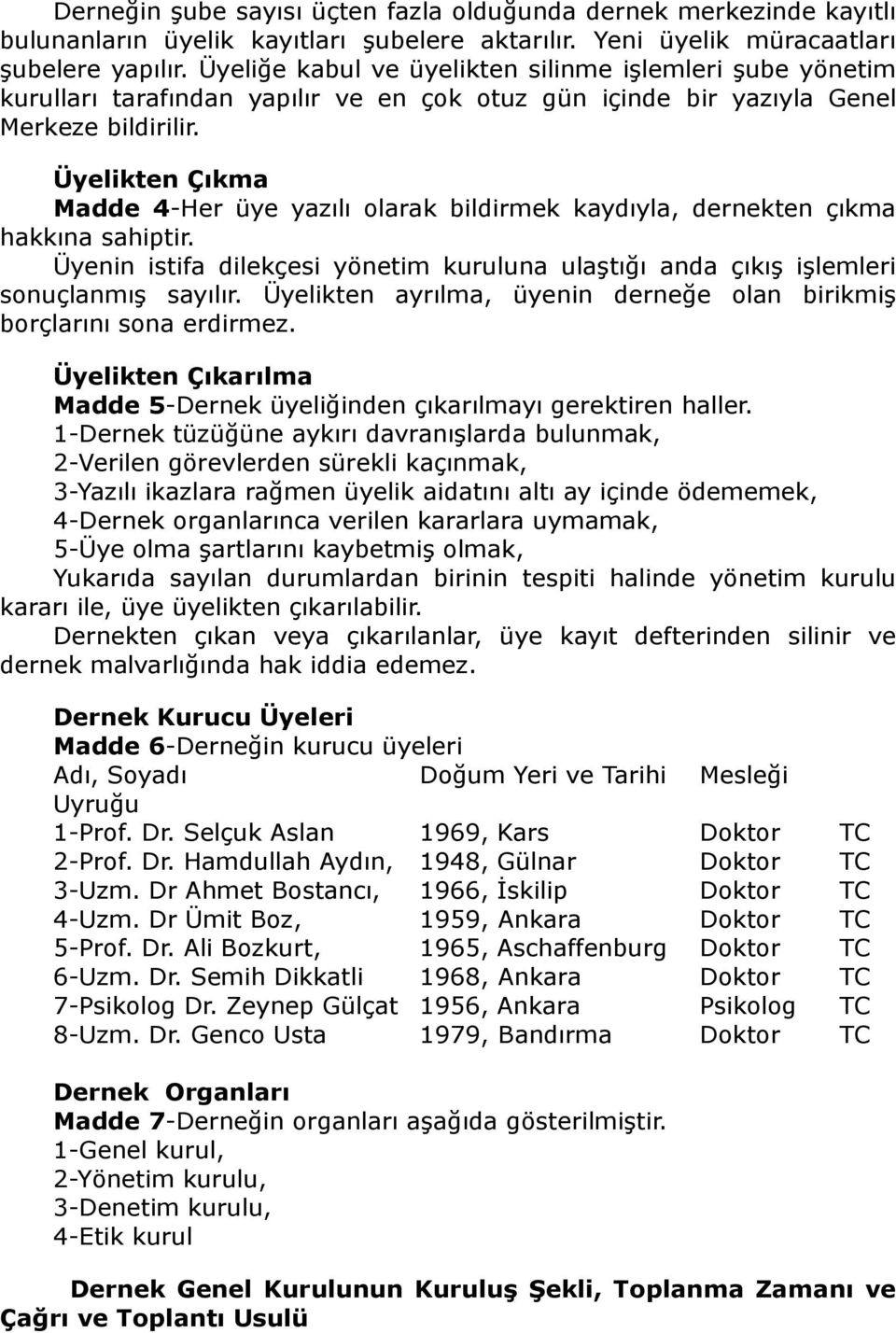 Üyelikten Çıkma Madde 4-Her üye yazılı olarak bildirmek kaydıyla, dernekten çıkma hakkına sahiptir. Üyenin istifa dilekçesi yönetim kuruluna ulaştığı anda çıkış işlemleri sonuçlanmış sayılır.