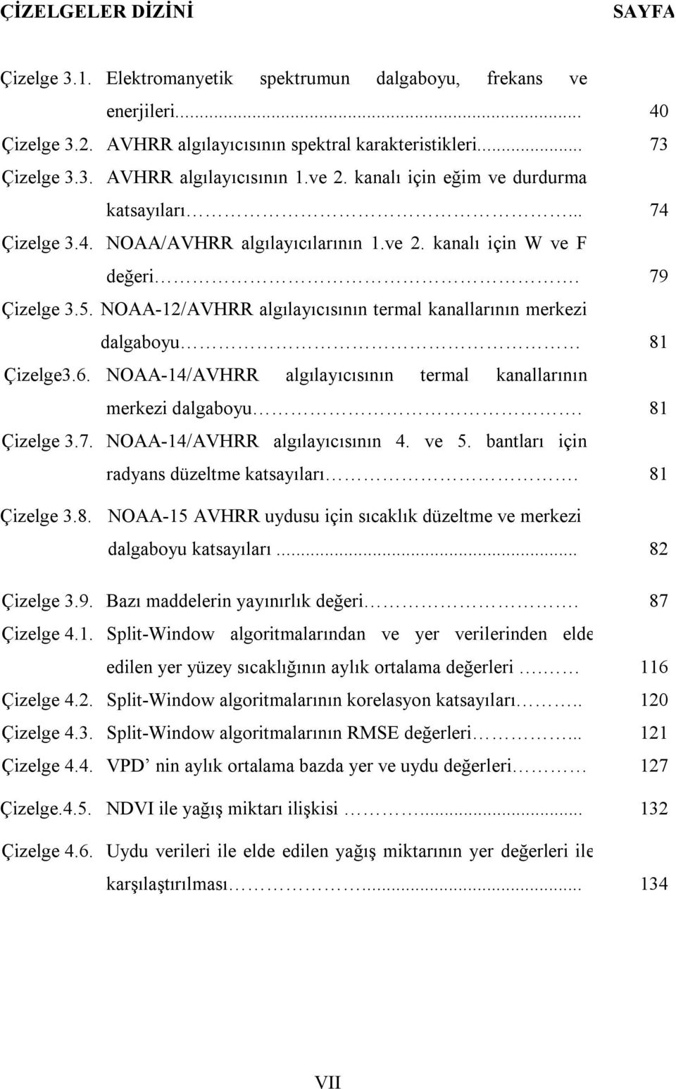 NOAA-12/AVHRR algılayıcısının termal kanallarının merkezi dalgaboyu 81 Çizelge3.6. NOAA-14/AVHRR algılayıcısının termal kanallarının merkezi dalgaboyu. 81 Çizelge 3.7. NOAA-14/AVHRR algılayıcısının 4.