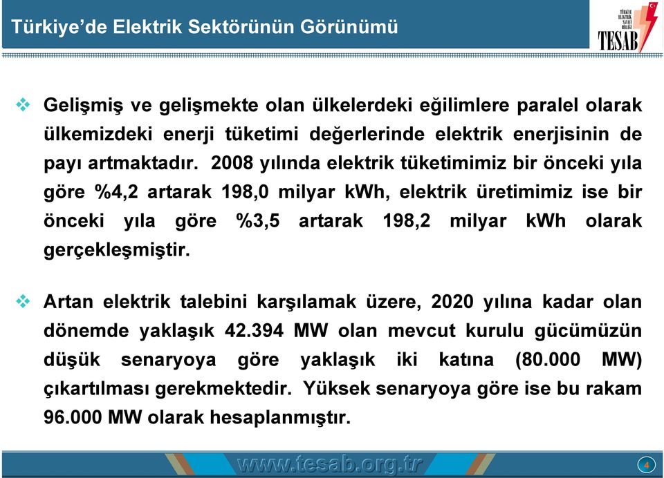 2008 yılında elektrik tüketimimiz bir önceki yıla göre %4,2 artarak 198,0 milyar kwh, elektrik üretimimiz ise bir önceki yıla göre %3,5 artarak 198,2 milyar kwh