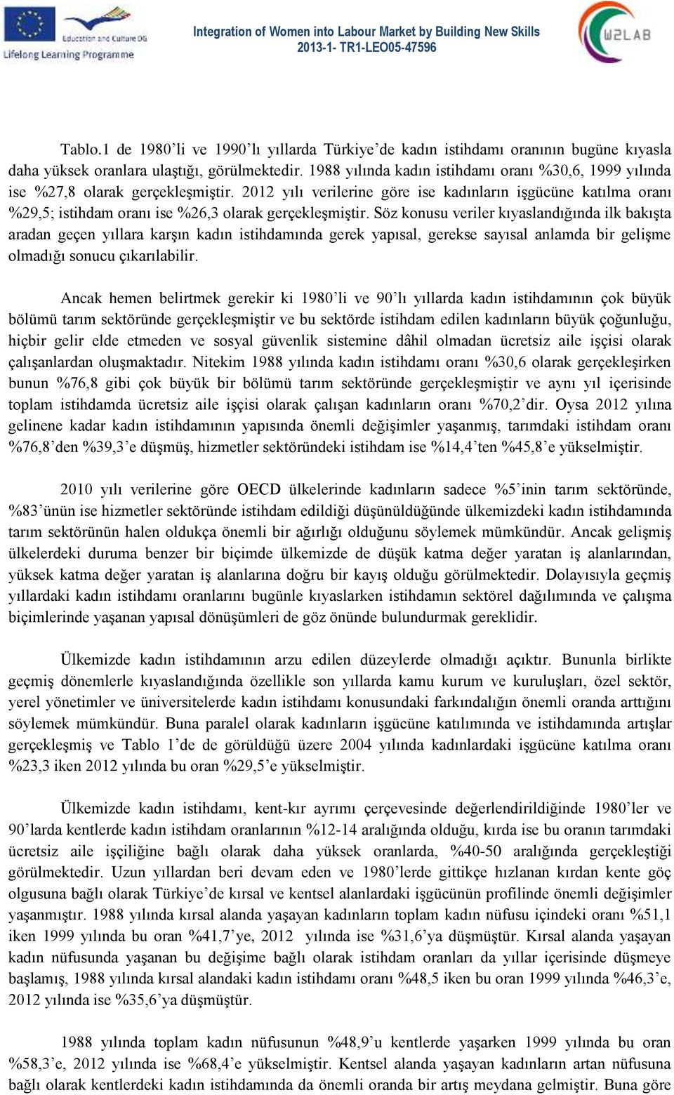 2012 yılı verilerine göre ise kadınların işgücüne katılma oranı %29,5; istihdam oranı ise %26,3 olarak gerçekleşmiştir.