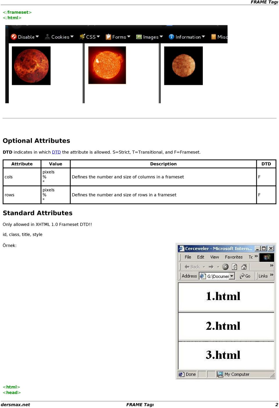 Attribute Value Description DTD cols pixels % * Defines the number and size of columns in a frameset