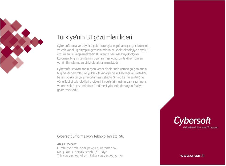 Cybersoft, sayıları 200 ü aşan kendi alanlarında uzman çalışanlarının bilgi ve deneyimleri ile yüksek teknolojilerin kullanıldığı ve üretildiği, başarı odaklı bir çalışma ortamına sahiptir.