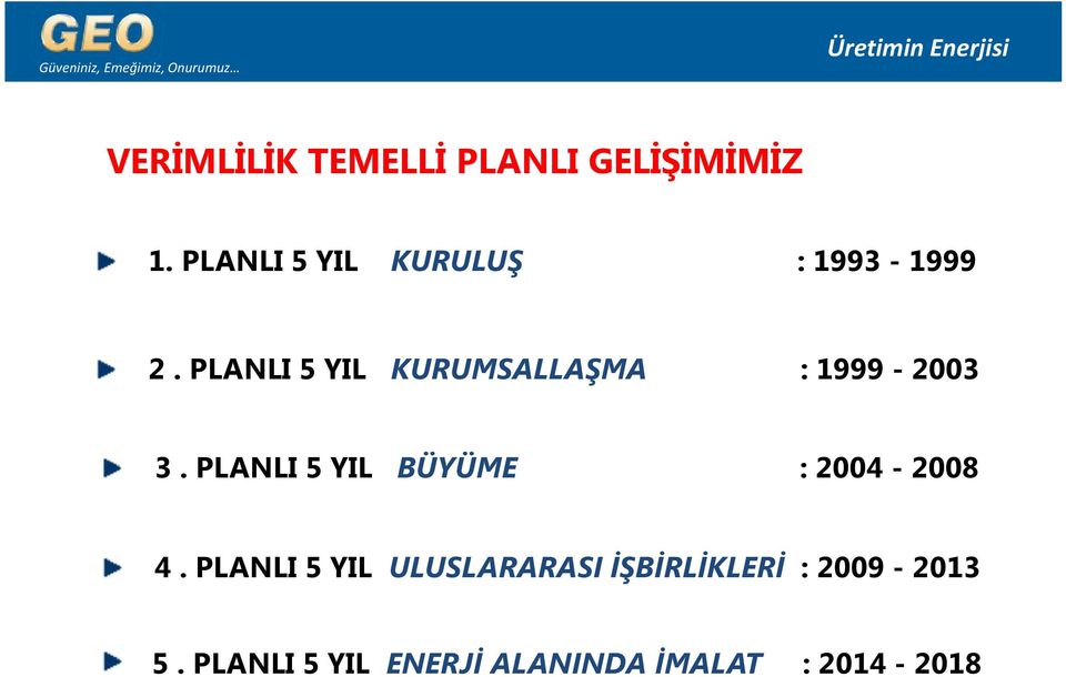 PLANLI 5 YIL KURUMSALLAŞMA : 1999-2003 3.