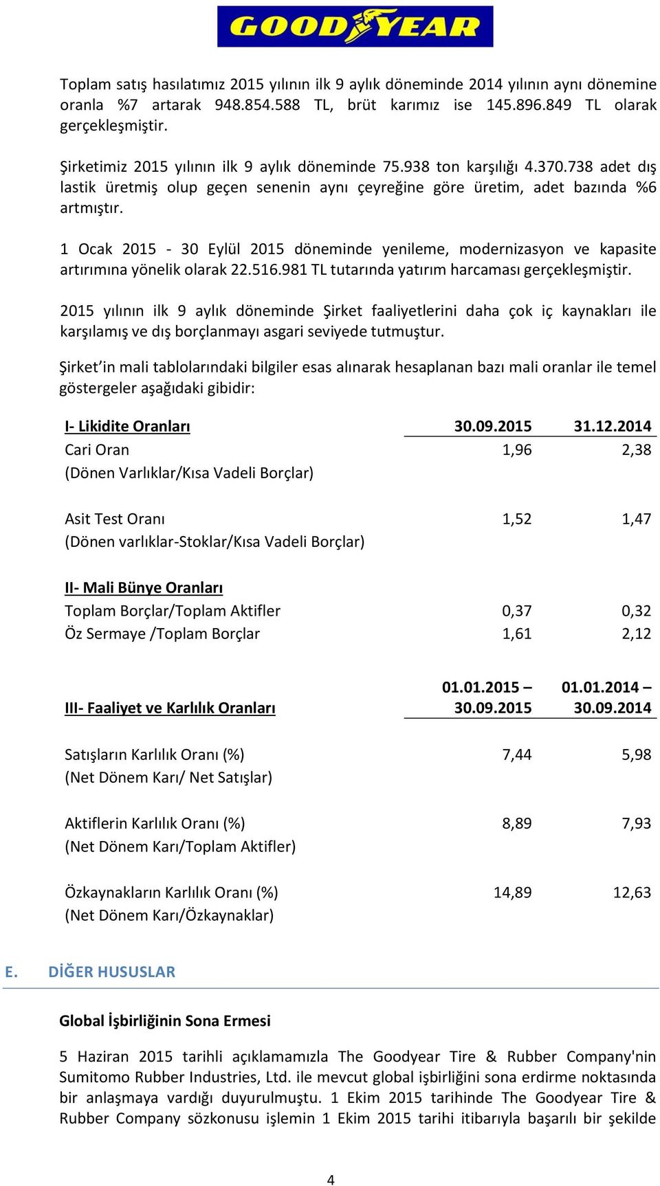 1 Ocak 2015-30 Eylül 2015 döneminde yenileme, modernizasyon ve kapasite artırımına yönelik olarak 22.516.981 TL tutarında yatırım harcaması gerçekleşmiştir.