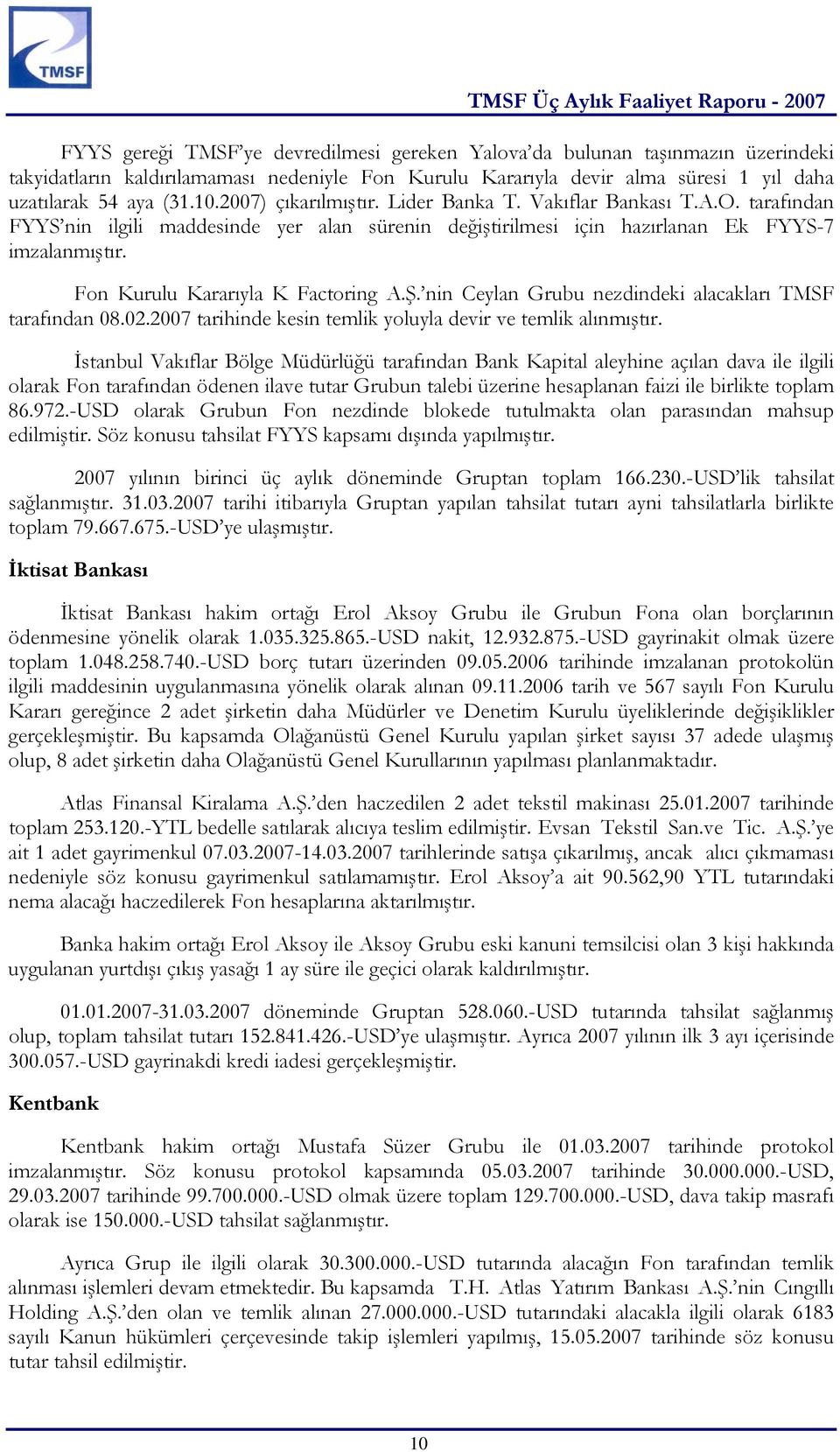 Fon Kurulu Kararıyla K Factoring A.Ş. nin Ceylan Grubu nezdindeki alacakları TMSF tarafından 08.02.2007 tarihinde kesin temlik yoluyla devir ve temlik alınmıştır.