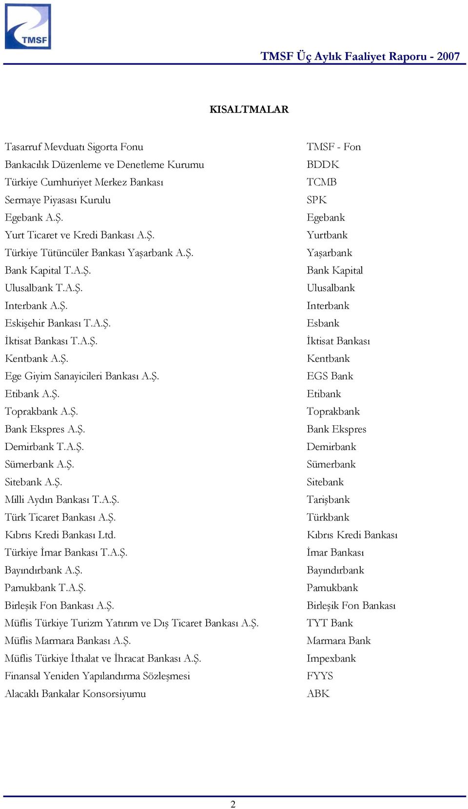 A.Ş. Sümerbank A.Ş. Sitebank A.Ş. Milli Aydın Bankası T.A.Ş. Türk Ticaret Bankası A.Ş. Kıbrıs Kredi Bankası Ltd. Türkiye İmar Bankası T.A.Ş. Bayındırbank A.Ş. Pamukbank T.A.Ş. Birleşik Fon Bankası A.