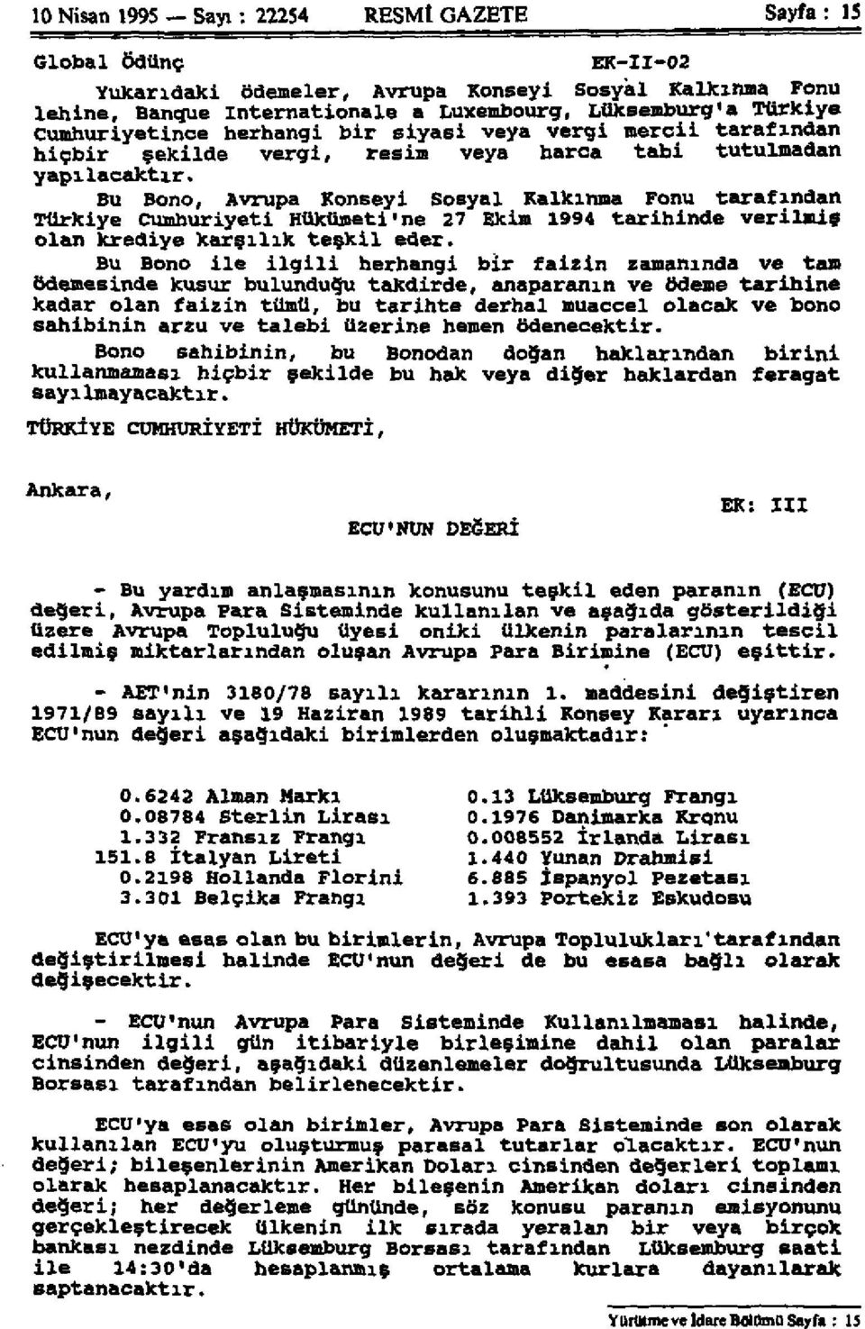 Bu Bono, Avrupa Konseyi Sosyal Kalkınma Fonu tarafından Türkiye Cumhuriyeti Hükümeti'ne 27 Ekim 1994 tarihinde verilmiş olan krediye karşılık teşkil eder.